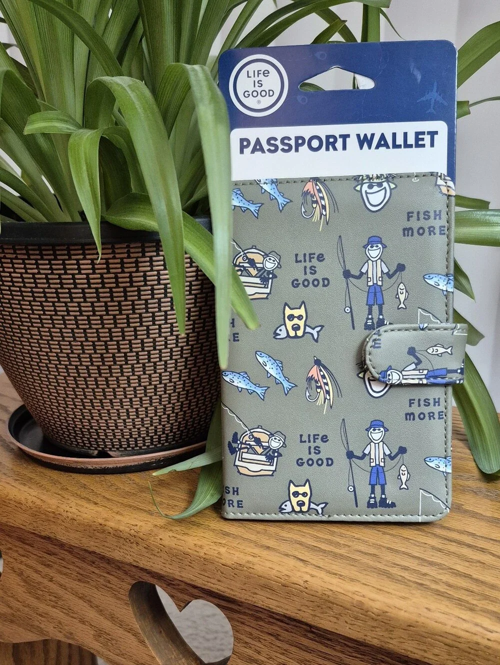 Life Is Good Olive Green Fishing Passport Holder with Blue & Yellow Accents. NEW
